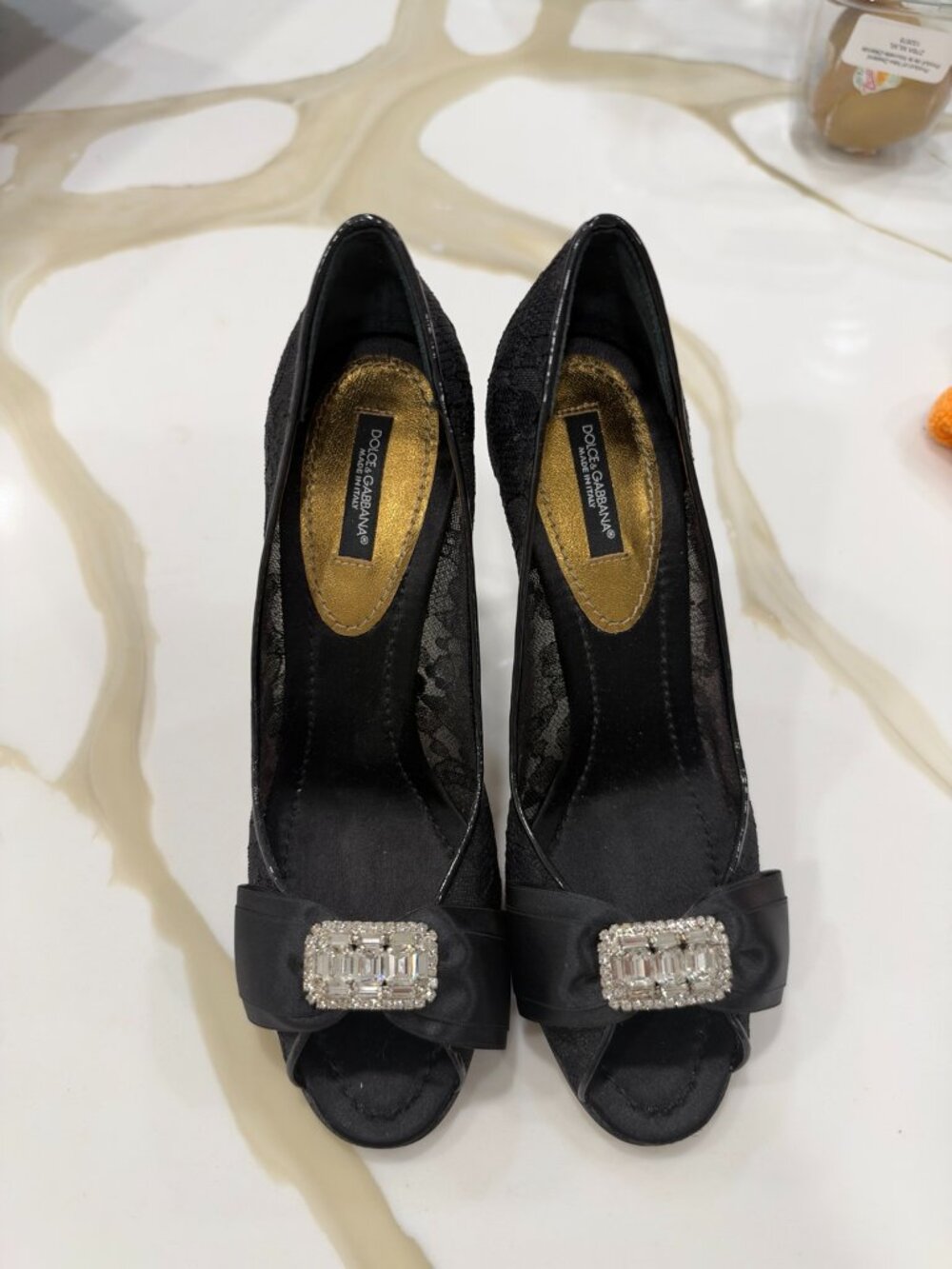 Dolce & Gabbana Black Lace Crystal Embellished Peep-Toe Heels – Size 37.5